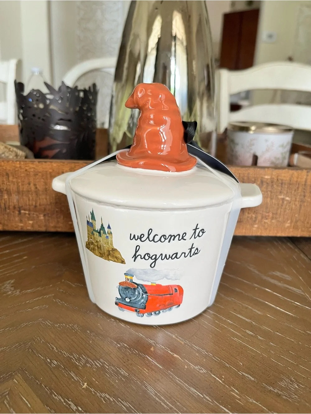 Rae Dunn X Harry Potter Mini Crock Bake Dish with Wizarding hat lid and text